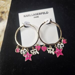 Karl Lagerfeld Gold Hoop Earrings with Hot Pink Enamel Charms